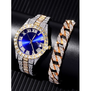 2pcs Fashion Luxury Full Diamond Steel Band Calendar Roman Scale Men's Steel Band Quartz Watch with Diamond Chain Bracelet Set