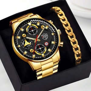 2pcs Fashion Mens Gold Bracelet Watches Set Men Business Stainless Steel Quartz Watch Male Calendar Date Wristwatch