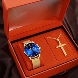 2pcs Set Fashion Mens Calendar Watches Luxury Men Business Gold Stainless Steel Mesh Belt Quartz Watch