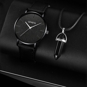 2pcs Set Fashion Mens Leather Watches Simple Men Business Mesh Belt Quartz Watch Male Casual Necklace Wristwatch