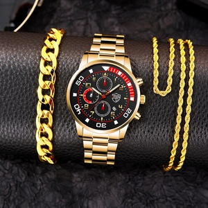 3pcs Set Fashion Mens Calendar Watches Male Casual Stainless Steel Quartz Watch Men Necklace Bracelet Wristwatch