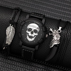 3pcs Set Fashion Mens Skull Watches Classic Men Business Leather Quartz Watch Male Cool Black Necklace Bracelet Wristwatch