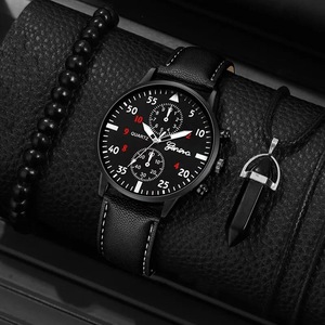 3pcs Set Fashion Mens Watches Men Necklace Bracelet Leather Quartz Watch Male Business Casual Wrist Watch