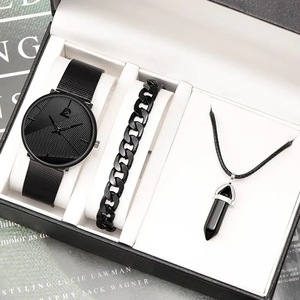 3pcs Set Minimalism Fashion Mens Watches Simple Men Business Mesh Belt Quartz Watch Male Casual Necklace Bracelet Wristwatch