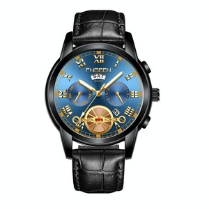 Men Multi-function Quartz Watch with Black Leather Strap and Blue Dial