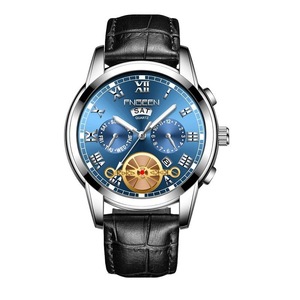 Men Multi-function Quartz Watch with Black Leather Strap and Blue Dial