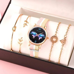 5pcs Set Fashion Women Watches Ladies Dress Nylon Quartz Watch Womens Butterfly Design Bracelet Wrist Watch