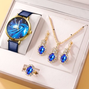 5pcs Set Women Starry Sky Dial Watch Brand Design Female Clock Blue Leather Band Ladies Watches Simple Casual Womens Wristwatch
