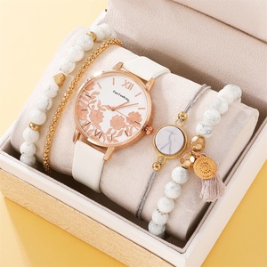 5pcs Set Womens Bracelet Quartz Watches for Women Leather Watch Ladies Sports Dress Rose Dial Wrist Watch Clock