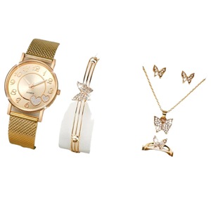 6 Piece Heart Watch Set Golden Quartz Butterfly Design