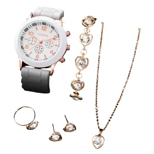 6 Piece Quartz Watch Set Rhinestone Heart Jewelry - Without Box