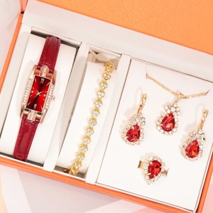 6pcs Set Fashion Women Rectangle Watches Ladies Dress Red Leather Quartz Watch Womens Necklace Earrings Bracelet Wrist Watch