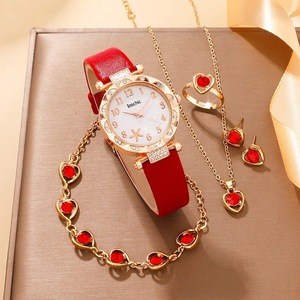 6pcs Set Red Luxury Quartz Watch Women Ring Necklace Earring Rhinestone Fashion Wristwatch Casual Ladies Bracelet Watches