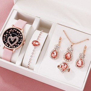 6pcs Set Women Love Dial Watch Brand Design Female Clock Pink Leather Band Ladies Watches Simple Casual Quartz Wristwatches