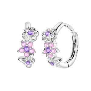 925 Sterling Silver Butterfly Hoop Earrings Pink / Purple Floral Design Fits Charms Fashion Jewelry For Women
