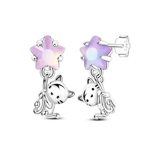 925 Sterling Silver Cat Star Stud Earrings Fine Jewelry For Women & Girls