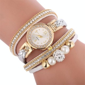 Women Beige Woven Pearl Bracelet Watch - Round Analog Quartz