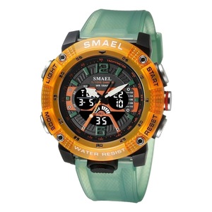 Men Sport Waterproof Digital Led Display Quartz Analog Watch Green Orange 8058
