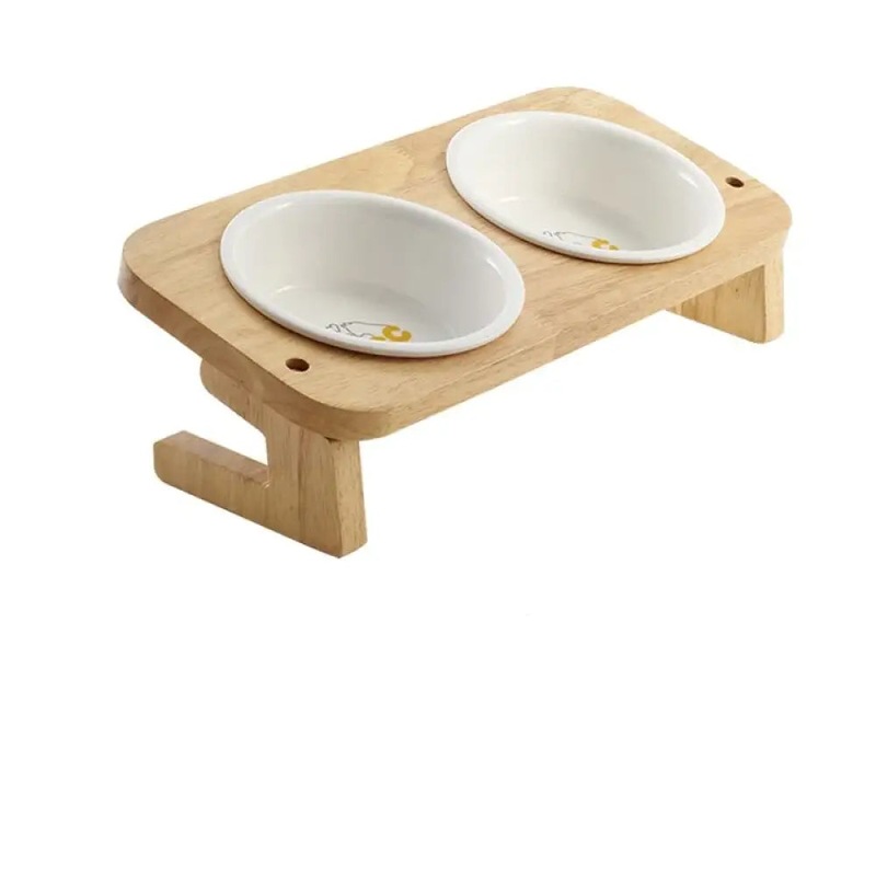 Buy Pet Cat Dog Ceramic Feed Food and Water Bowls Oak Frame for Small