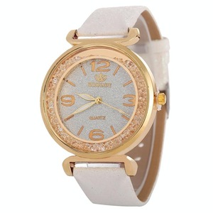 Gold Rhinestone Quartz Watch with Pu Leather Strap for Women