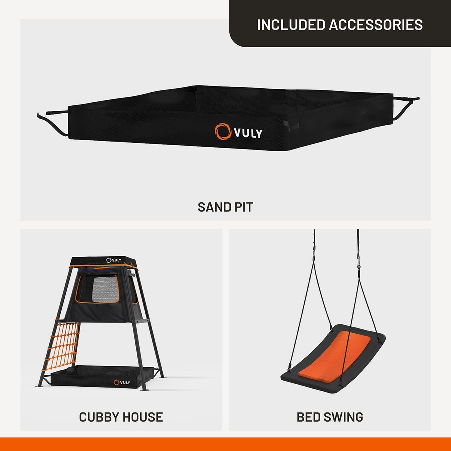 VULY 360 Pro Max C3 - 3 Bay Swing Set Kids Metal Swing with Cubby House, Sandpit, Monkey Swing, Seat Swing & Bed Swing