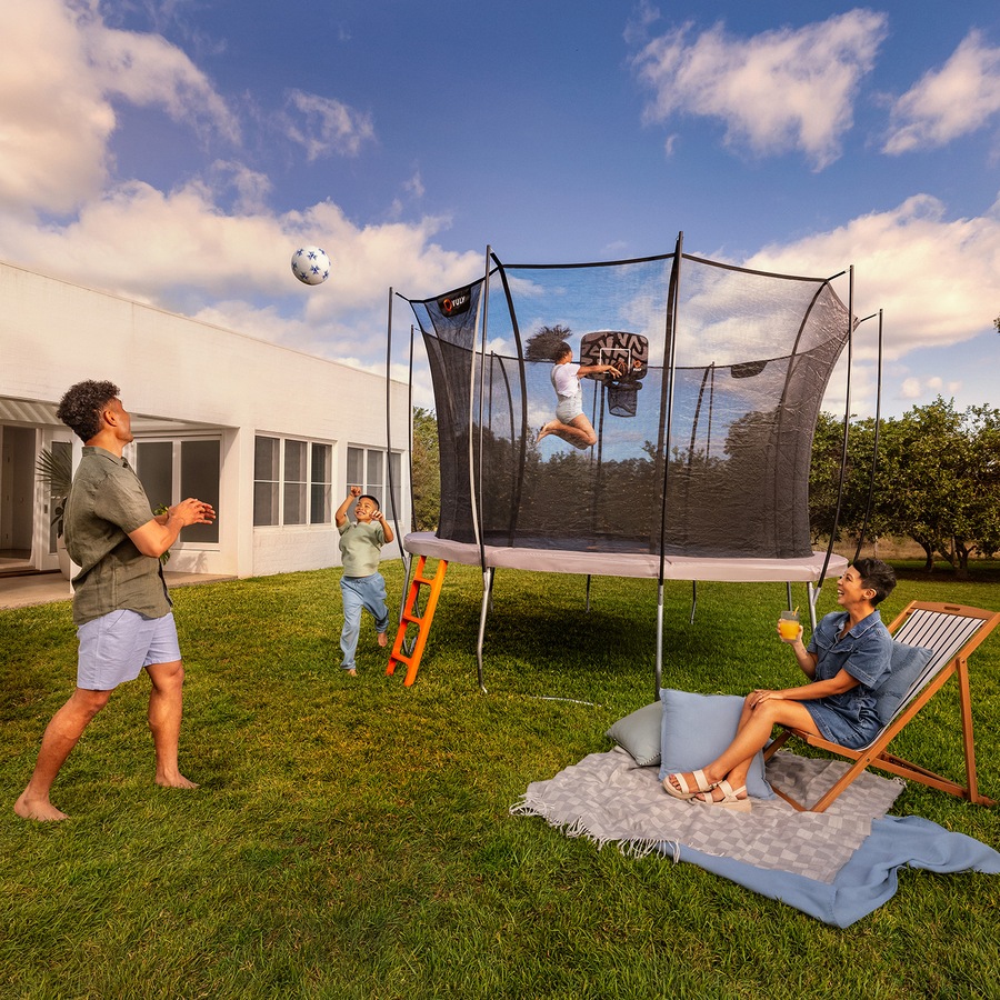 VULY Ultra 2 Medium 11ft Trampoline with Enclosure - Round Kids Trampolines Bundle With Shade Cover & Basketball Hoop