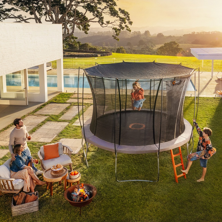 VULY Ultra 2 Medium 11ft Trampoline with Enclosure - Round Kids Trampolines Bundle With Shade Cover & Basketball Hoop