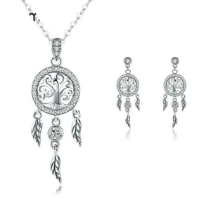 Silver Dream Catcher Pendant Necklace Jewelry Set