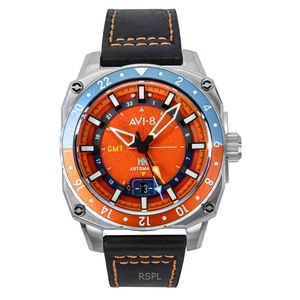 AVI-8 Hawker Hunter Atlas GMT Orangish Red Leather Strap Orange Dial Automatic AV-4122-06 Men's Watch