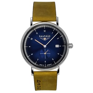 Bauhaus Classic Brown Leather Strap Blue Dial Date Quartz 21303 50M Mens Watch