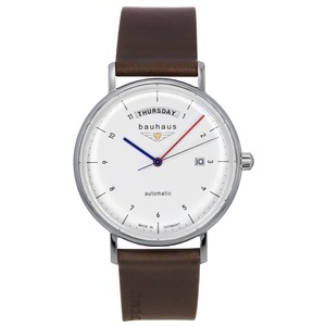 Bauhaus Classic Leather Strap White Dial Day/Date Automatic 21621 50M Mens Watch