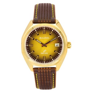 Bulova Jet Star 262 kHz Leather Strap Gold Tone Dial Quartz 97B214 Mens Watch