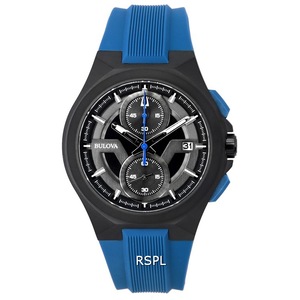 Bulova Maquina Chronograph Black Dial Blue Strap Quartz 98B380 100M Mens Watch