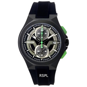 Bulova Maquina Chronograph Black Dial Silicone Strap Quartz 98B381 Mens Watch