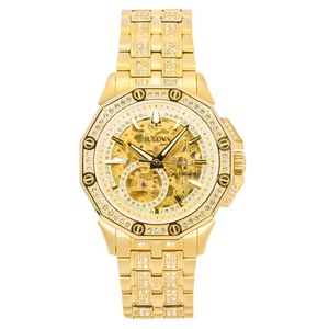 Bulova Octava Crystal Accents Skeleton Gold Dial Automatic 98A292 30M Mens Watch