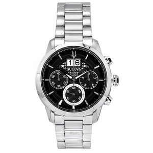 Bulova Sutton Big Date Chronograph Stainless Steel Black Dial 96B319 Mens Watch