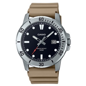 Casio Analog Beige Resin Strap Black Dial Quartz Date MTP-VD01-5E 50M Mens Watch