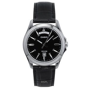 Casio Analog Day/Date Black Dial Genuine Leather MTP-1370L-1AVDF 50M Mens Watch