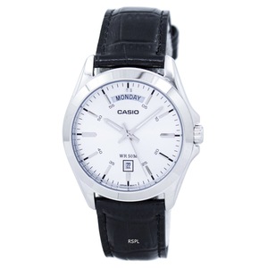 Casio Analog Silver Dial Day/Date Genuine Leather Band MTP1370L-7AVDF Mens Watch