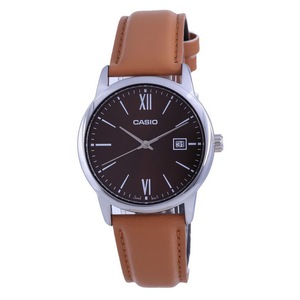 Casio Maroon Dial Leather Strap Analog Date Display MTP-V002L-5B3 Mens Watch