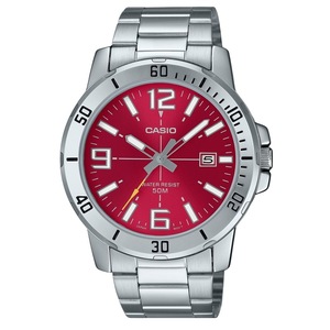Casio Stainless Steel Red Dial Date Quartz MTP-VD01D-4BV 50M Analog Mens Watch
