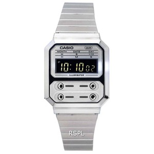 Casio Vintage Digital Alarm Illuminator Stainless Steel A100WE-7B Unisex Watch