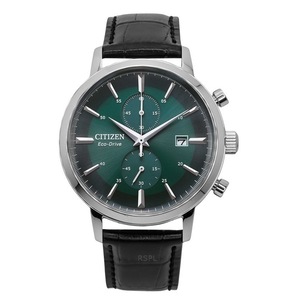 Citizen Eco-Drive Chronograph Leather Strap Green Dial CA7069-24X 50M Mens Watch