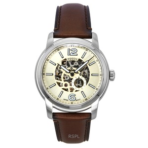 Fossil Heritage Brown Leather Strap Cream Skeleton Dial Automatic ME3264 50M Men's Watch