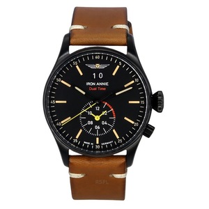 Iron Annie Flight Control Dual Time Leather Strap Black Dial 51442 Mens Watch