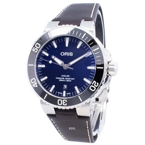 Oris Aquis Date Automatic 26 Jewels Blue Dial Leather Band Diver 300M Mens Watch