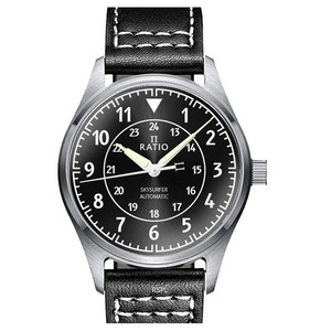 RATIO Skysurfer Pilot Black Sunray Dial Leather Automatic RTS314 200M Mens Watch