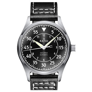 RATIO Skysurfer Pilot Black Sunray Dial Leather Automatic RTS321 200M Mens Watch
