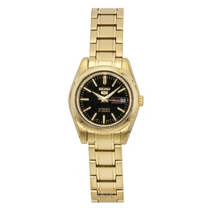 Seiko 5 Gold Tone Stainless Steel Black Dial Day/Date 21 Jewels Automatic SYMK22K1 Ladies Women's Watch