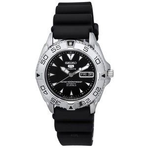 Seiko 5 Sports Rubber Strap Black Dial Automatic SNZB33J2 100M Analog Mens Watch